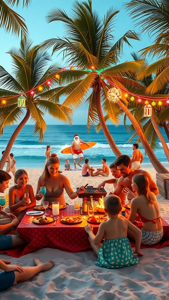 Families celebrating Christmas on an Australian beach with barbecues, decorations, and Santa surfing.
